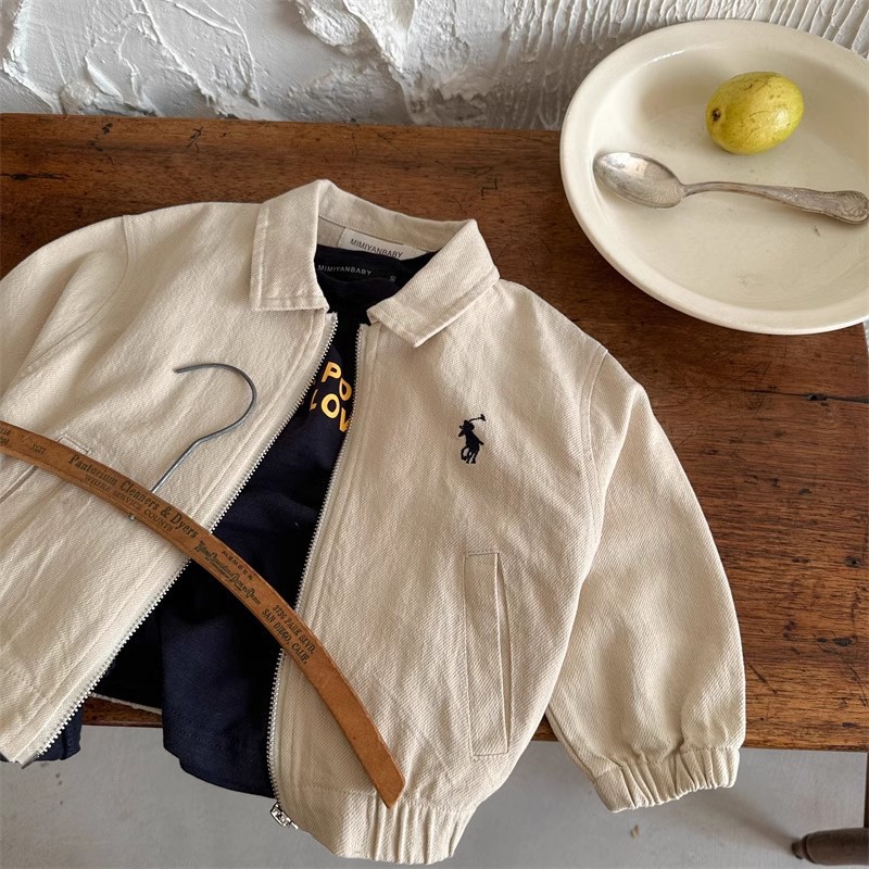 Детское пальто 2025 весна и осень, японский модный бренд для мальчиков и девочек, вышитая куртка с лацканами, короткая рубашка на молнии для малышей