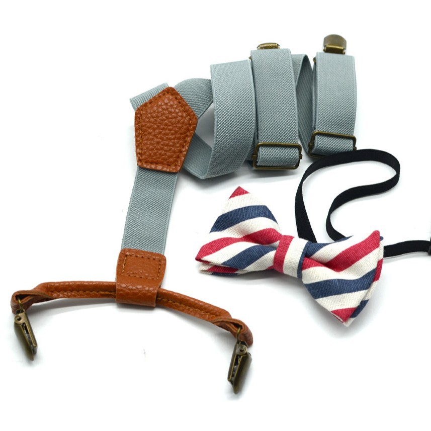 Cross-border source children's fashion solid color strap clip printed bow tie suit elastic strap 4 clip hanging pants clip