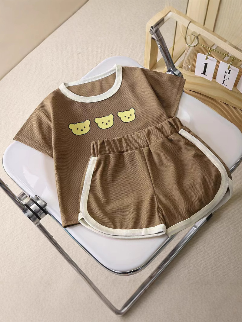 2025 New Summer Short-sleeved Shorts Children's Waffles Short-sleeved Rounded Pants Set Short Set Three Bears Head Cartoon