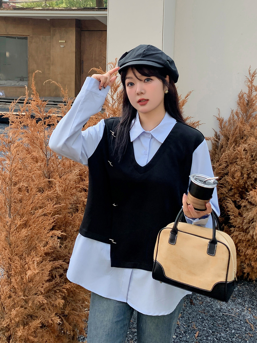 Double Day Plus Size Fat Girl Slimming Look Design Fake Two-Piece Vest Shirt Women's Polo Collar Long-Sleeved Top 8693