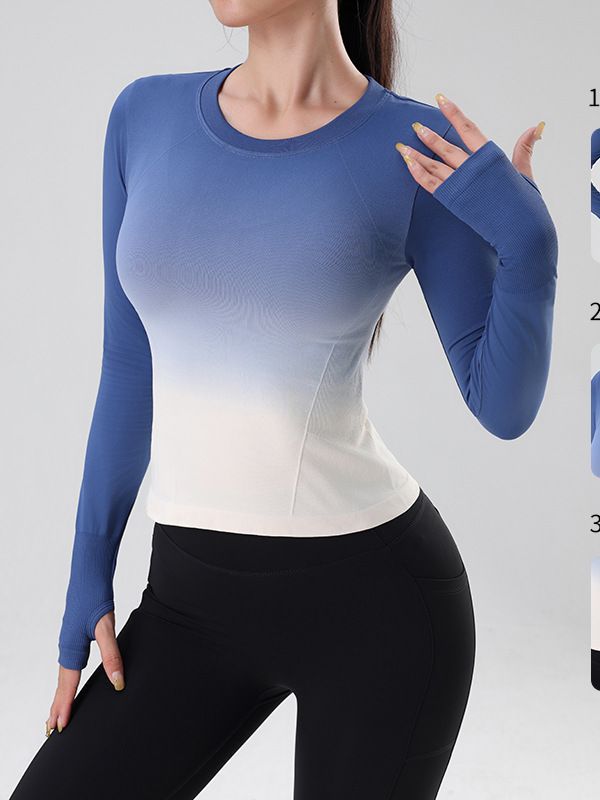 New Cross-border Yoga Gradient Quick-drying Sports Fitness Long-sleeved T-shirt Women's Slim-fit Top Tight Base Shirt Thin