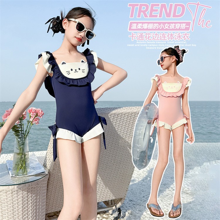 Girls' Summer Korean-Style Cute Strap Short One-Piece Swimsuit for Older Children Trendy Children's Summer Swimwear