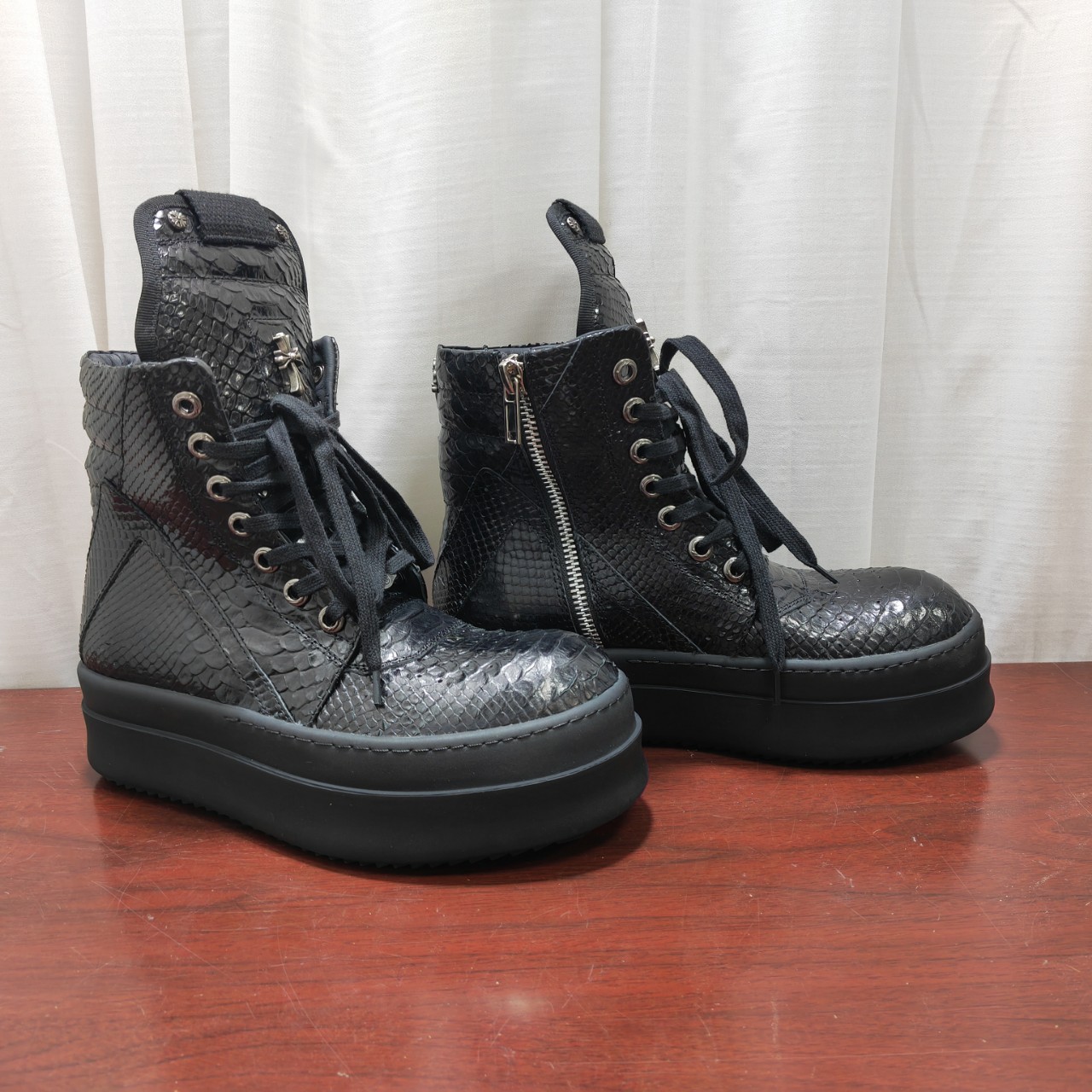 Independent Inverted Triangle Thick-Soled All-Black Snake Pattern Cowhide Croch Fashion Couple Street High Boots Height-Increasing Men's Shoes