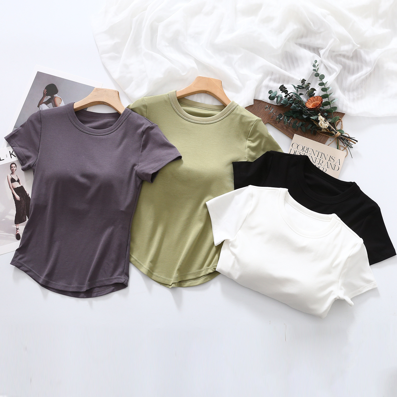 Spring and Summer Short Sleeve with Chest Pad Cup One-piece Base Shirt Threaded T-shirt with Pleated Fishtail Inner Wearing Outer Wearing Half Sleeve