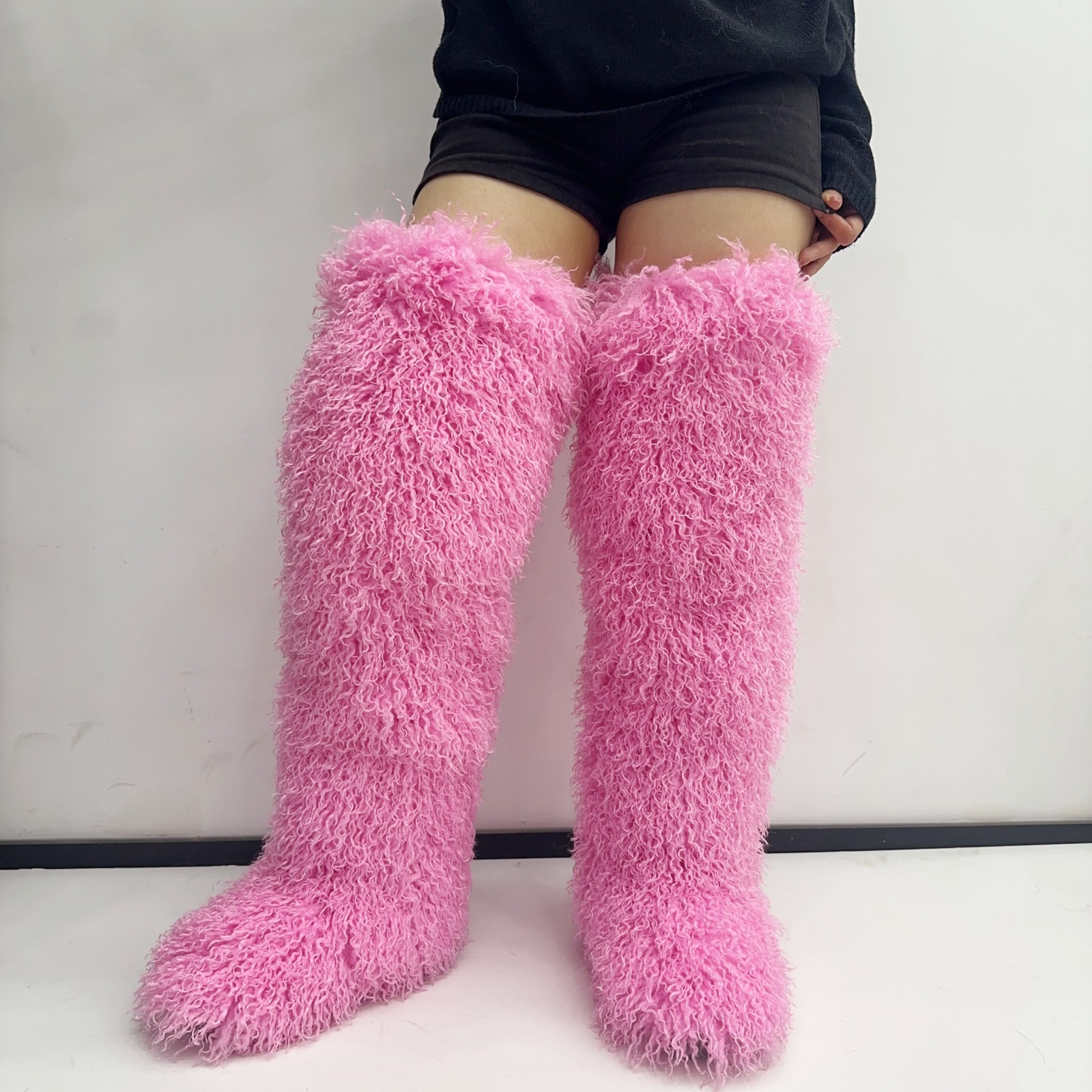 Super High-Quality Imitation Shearling Snow Boots, Imitation Raccoon Fur and Fox Fur Thigh High Boots