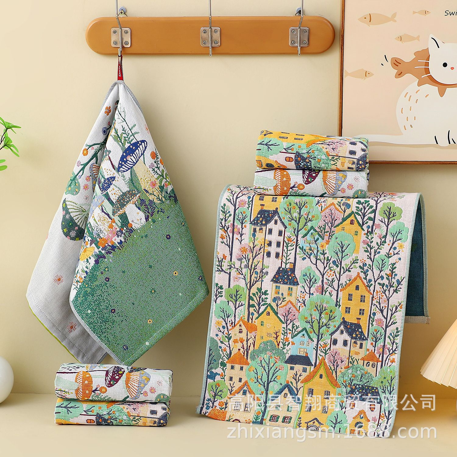 Mushroom Cross-Border Cartoon Jacquard Four-Layer Cotton Gauze Square Towel Bath Towel Soft and Breathable Gift Large Bath Towel