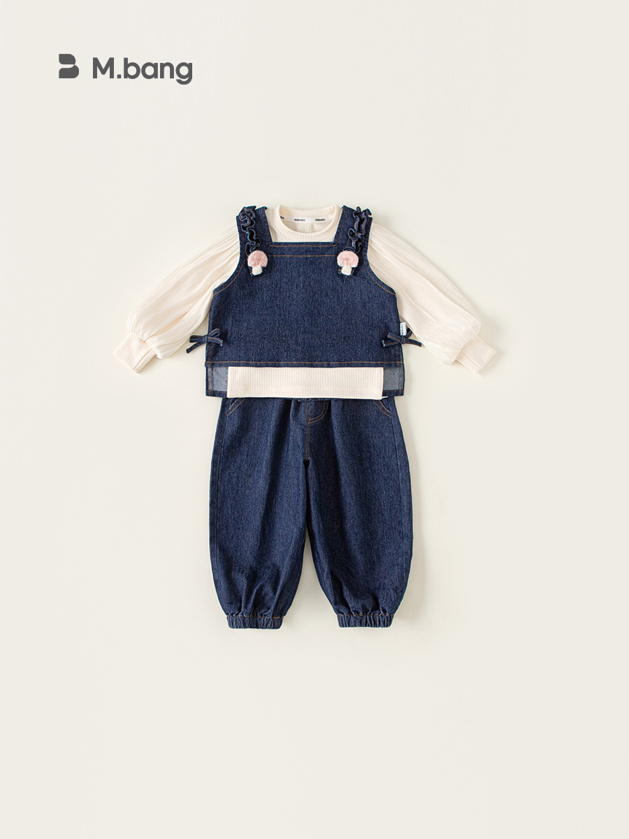 Bong Selected Girls Autumn New Sweet suit Children's Ear-rimmed Vest Bubble Sleeve Inner Jeans Three-piece Set