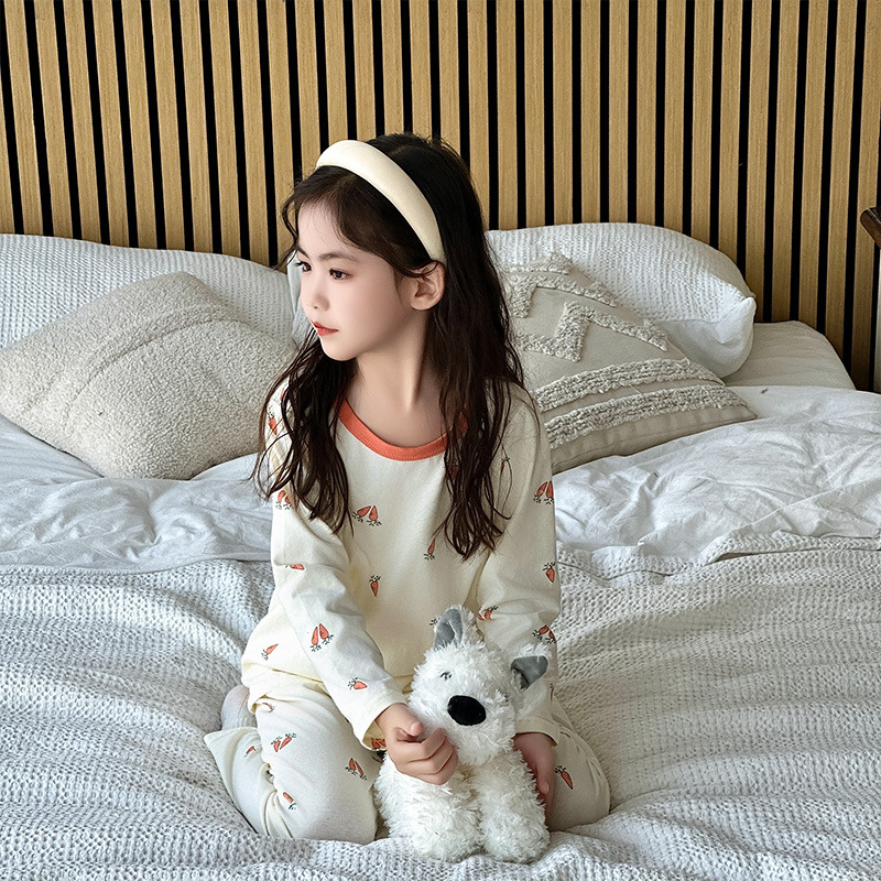 Autumn and Winter New Kidsren's Pajamas Set Autumn Clothes and Autumn Trousers Boneless Lycra Boys and Girls Pure Cotton Category a Home Clothes