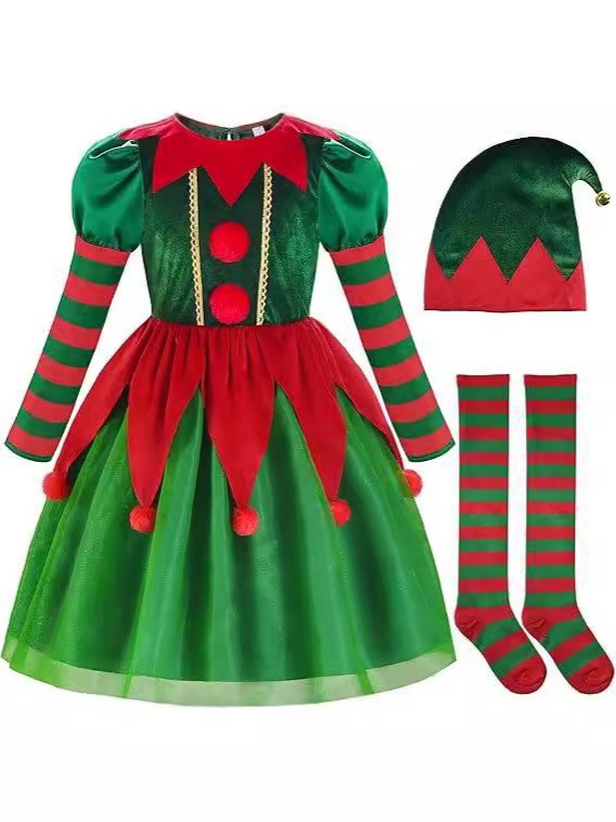 Children's Christmas Costumes, Women's Dress Suits, Men's and Women's Cosplay Adult Green Elf Costumes