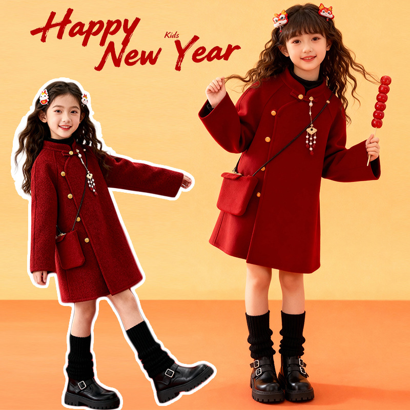 Красная новогодняя бархатная шершавая куртка для девочек, утолщенная, средней длины, для детей среднего и большого размера