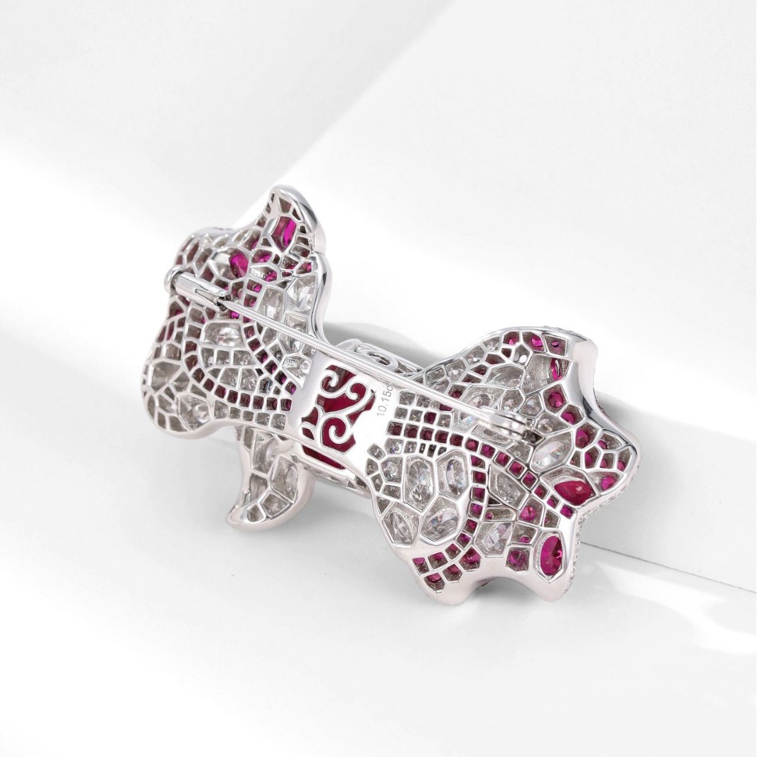 Pigeon Blood Ruby New Bow Brooch High-End Elegant Full of Diamonds Heavy-Duty Clothing S925 Silver