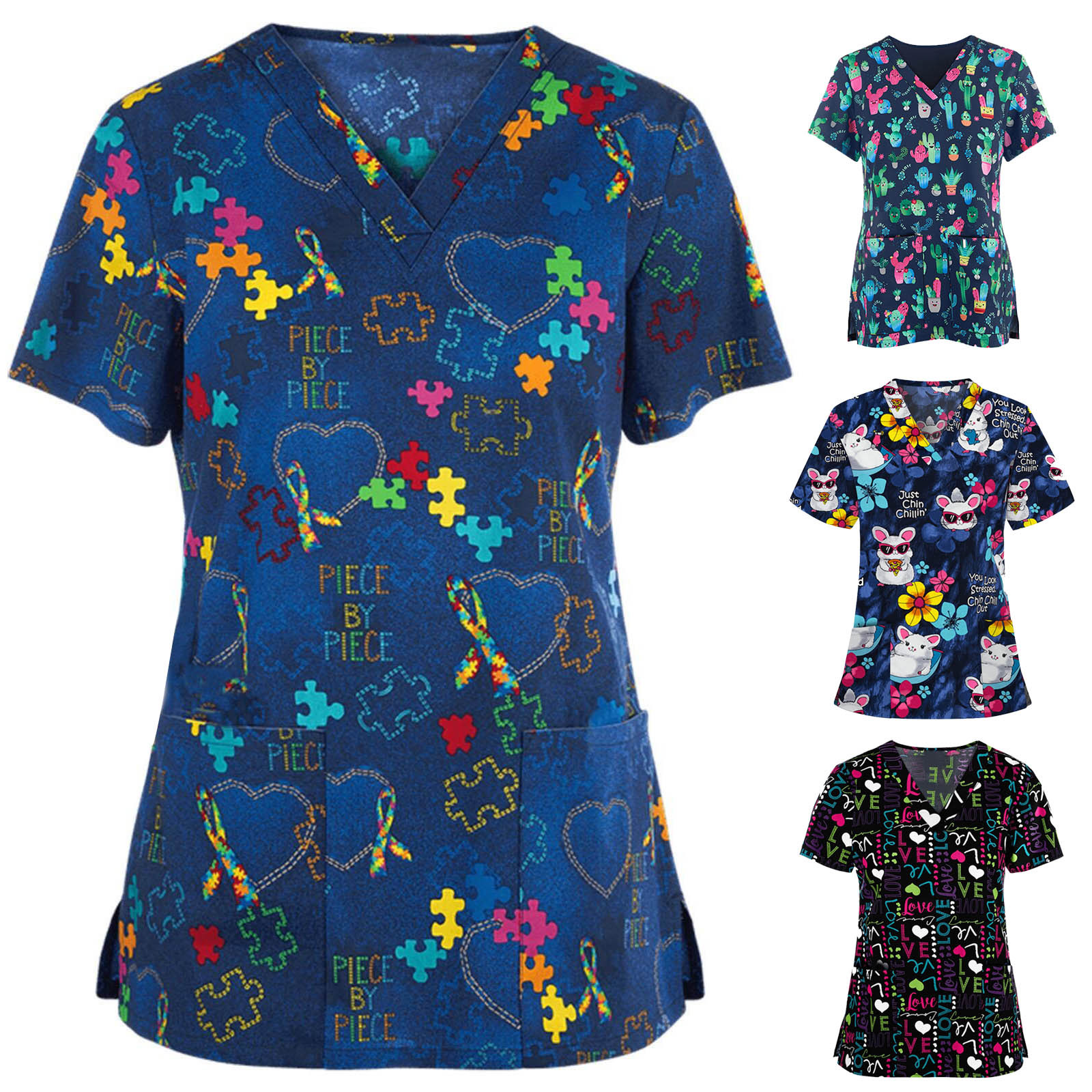 Летняя одежда с принтом мультфильмов, карманами и V-образным вырезом, рабочая одежда для медсестер, униформа для медицинских работников
