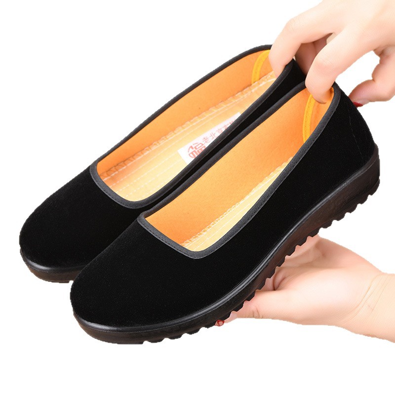 Old Beijing Cloth Shoes for Women, Black One-Strap Ceremonial Shoes, Hotel Work Flat Non-Slip Square Mouth Black Cloth Shoes, Dance Shoes