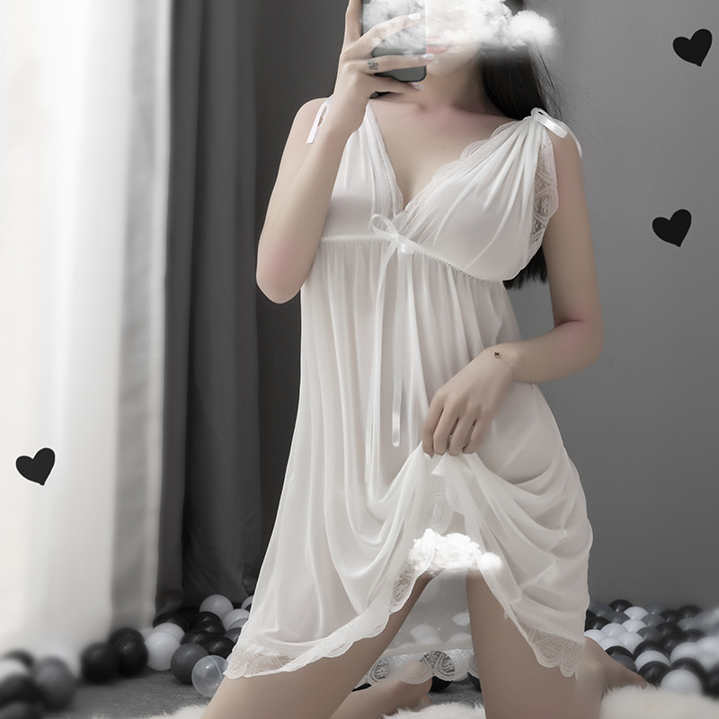 Large Size Sexy Lingerie European and American Sexy Pajamas Deep Transparent Mesh Women's Silk Nightgown