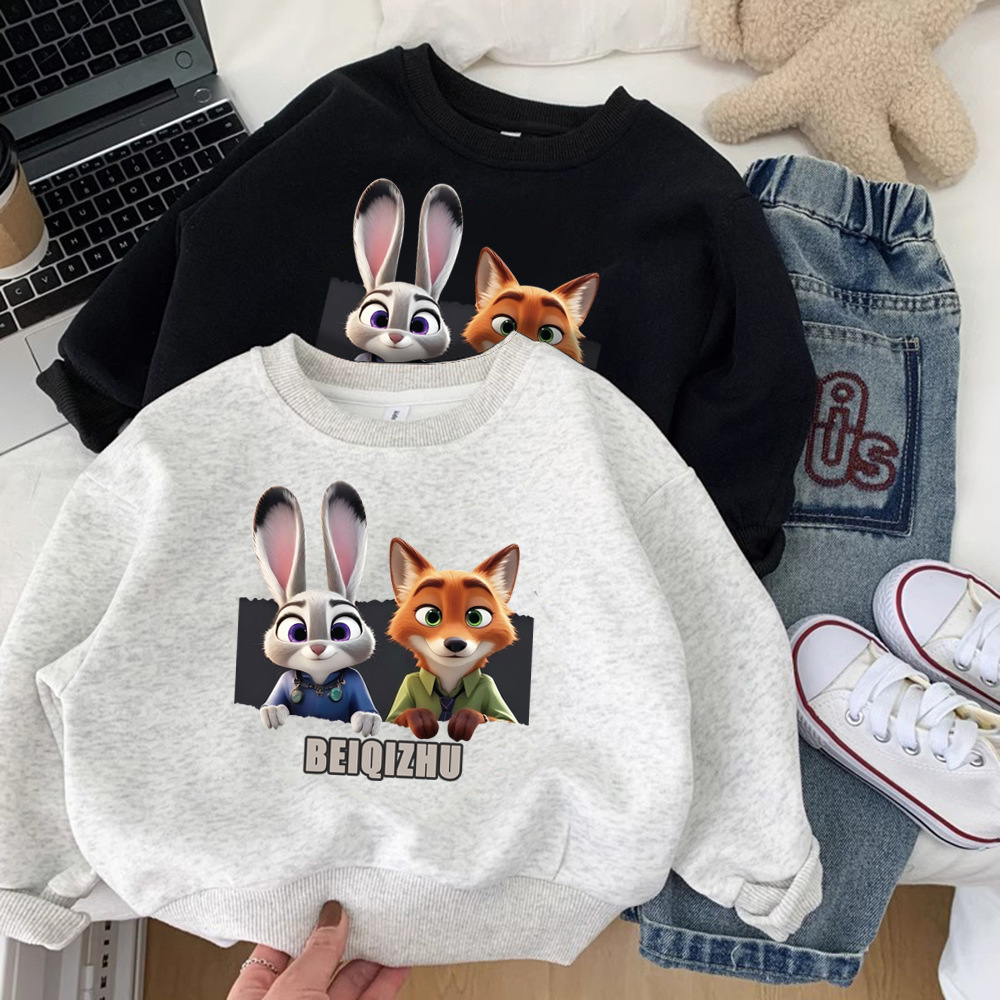 Fleece-Lined Sweatshirt for Boys and Girls, Autumn and Winter 2026 New Model, Zootopia Cartoon Anime Casual Warm Top