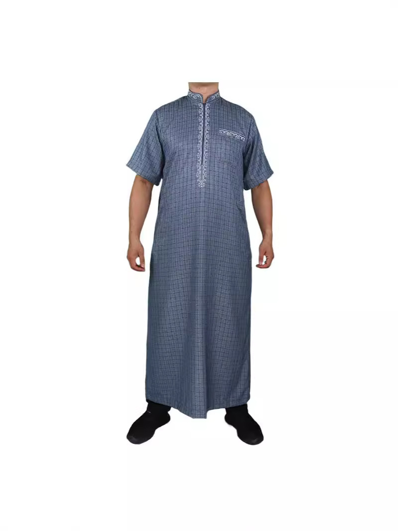 High quality cotton and linen overseas hot popular collar zipper exquisite embroidered plaid pattern with pocket short sleeve