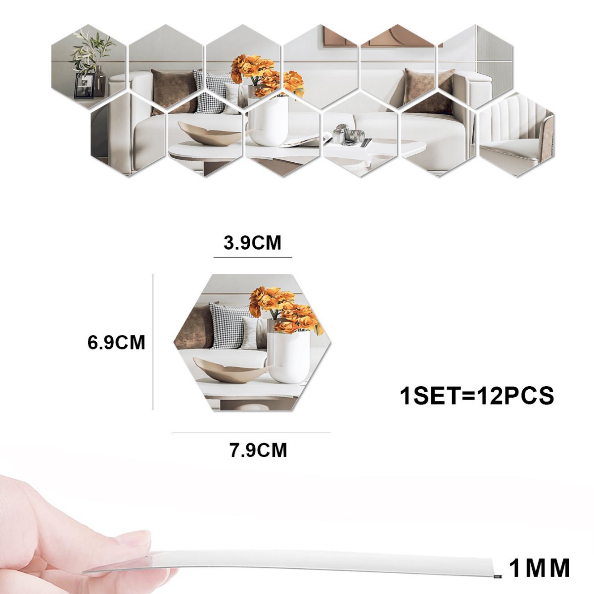 Cross-border hexagonal stitching acrylic mirror wall stickers living room TV sofa background wall lens decorative stickers