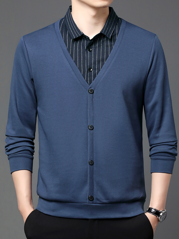 Velvet Fake Two-Piece T-Shirt Men's Winter Stripesd Shirt Collar Spring & Fall Dad Wear Warm Casual Knitwear