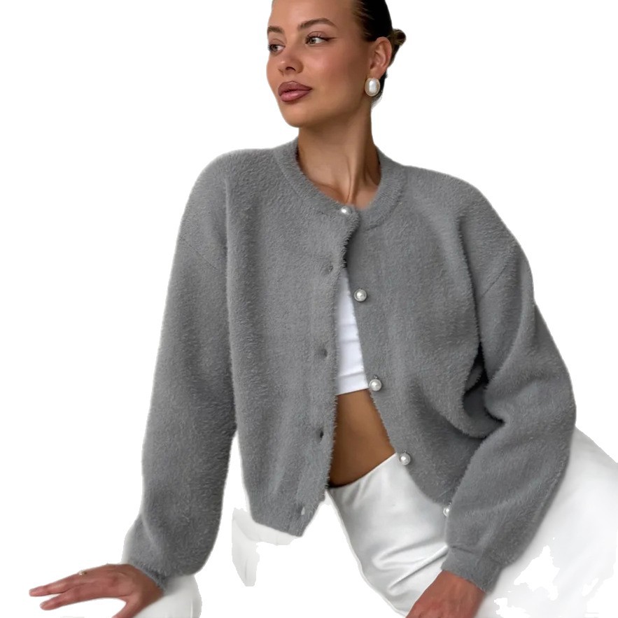 Cross-Border Gray Small Fragrant Style Knitted Cardigan for Women Spring and Autumn New High-End Top Soft Waxy Imitation Mink Sweater Jacket