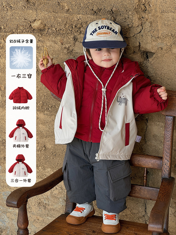 Infant down Jacket Lining Winter Style Baby Boy Warm Cotton Jacket Type a Boy Three-In-One Hooded Jacket