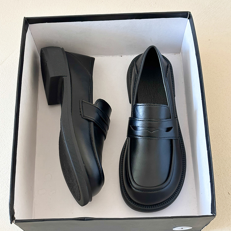 Черные женские кожаные туфли в британском стиле с массивным каблуком, новые лоферы на весну и осень 2025 года, круглые носки, двухсторонняя носка