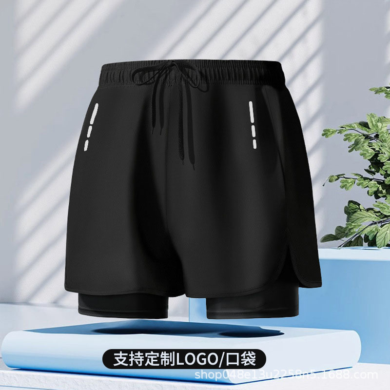 Cross-border explosion sports double-layer swimming trunks loose plus size boxer anti-embarrassment running fitness men's swimming trunks customization