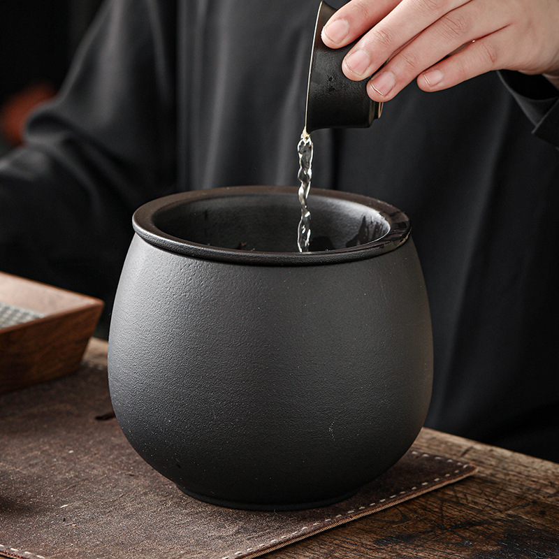 Black Pottery Tea Dregs Tank Ceramic Tea Wash Building Water Filter with Lid Waste Water Tank Meng Da No. Desktop Trash Bin Tea Water Separation