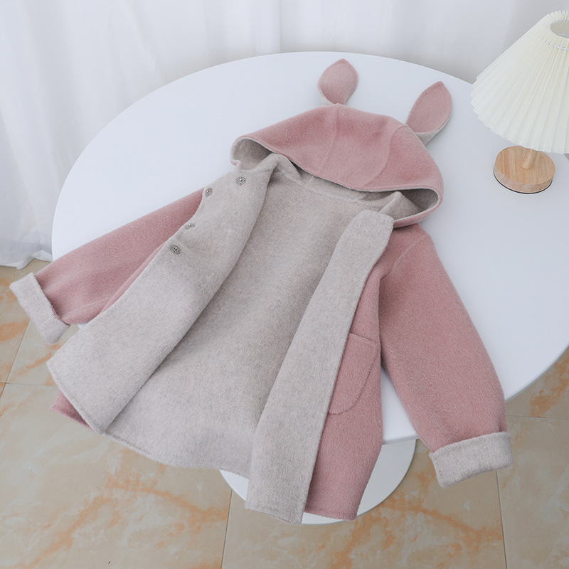 2025 Children's Double-Sided Wool Coat Pink Children's Coat Rabbit Ears Cartoon Short Wool Coat with Tail