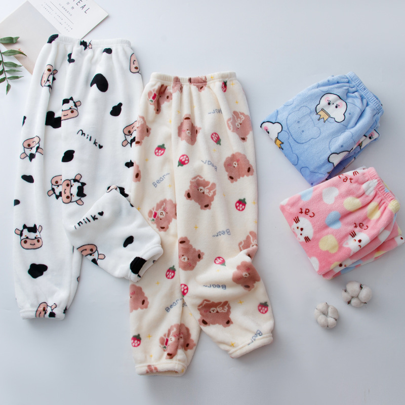 Autumn and Winter Children's flannel pajama pants boys and girls cute cartoon warm pants medium and big children warm pants home wear generation hair