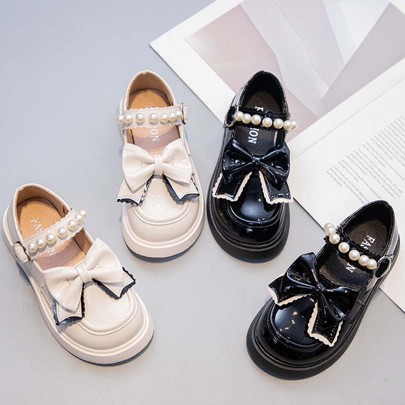 Маленькие кожаные туфли для девочек с жемчужным бантом, туфли принцессы, черные туфли для студентов, белые нескользящие танцевальные туфли, плоские туфли