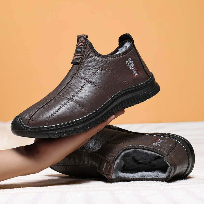 Winter Cotton Shoes for Men, Warm Plus Velvet and Thickened Casual Leather Shoes for Men, Non-Slip Shoes for Middle-Aged and Elderly Dads, Cross-Border Dropshipping