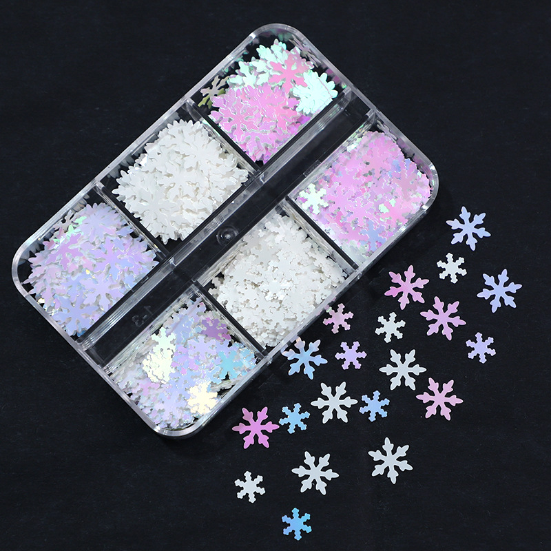 Cross-Border New 6-Grid Boxed Ultra-Thin Christmas Snowflake Christmas Nail Art Sequins White Snowflake Christmas Glitter
