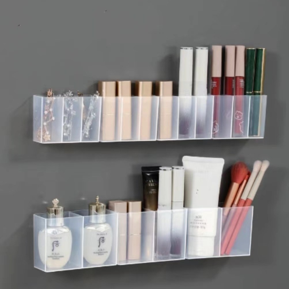 Hole-Free Wall-Mounted Compartment Box Mirror Cabinet Small Items Storage Three-Compartment Lipstick Storage Shelf