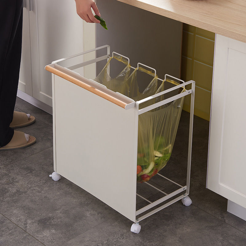 Wrought Iron Home Storage Cleaning Three-Compartment Mobile Pulley Dry and Wet Sorting Garbage Rack Kitchen Trash Can with Wheels