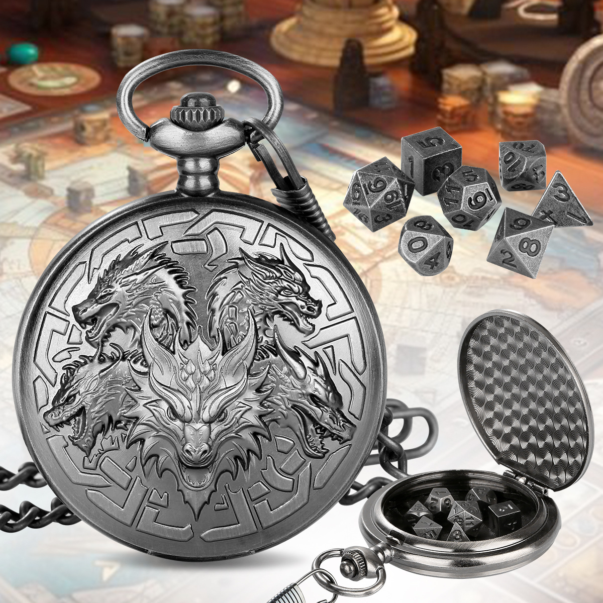 DND dice jewelry pocket case retro carving five dragon head dragon pattern cover pendant foreign trade hot sale