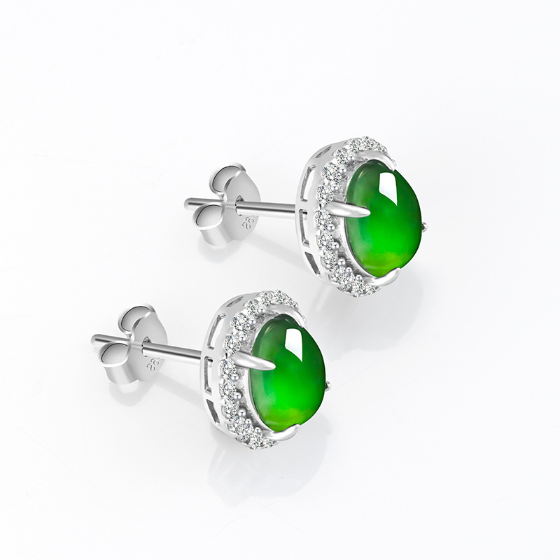 Natural A Jade Oval Egg Face Yang Green Earrings Ice Jade Fashion S925 Silver Inlay Women's Earrings