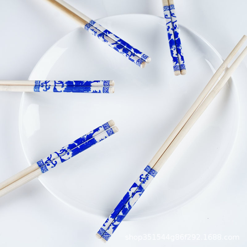Disposable Blue and White Porcelain Chopsticks for Weddings and Home Use, Wholesale from the Manufacturer, Carbonized Bamboo Chopsticks in Bulk, Free Shipping Per Piece