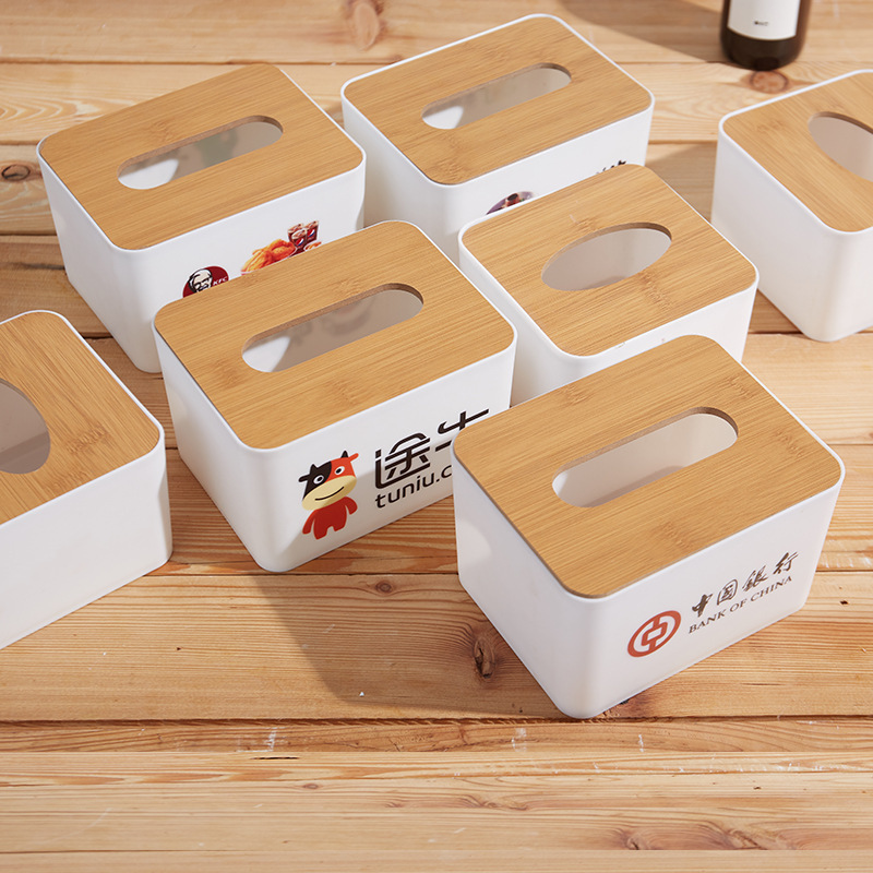 Bamboo Wood Cover Creative Advertising Tissue Box Customized Desktop Hotel Living Room Napkin Plastic Tissue Box Can Be Customized with Printing