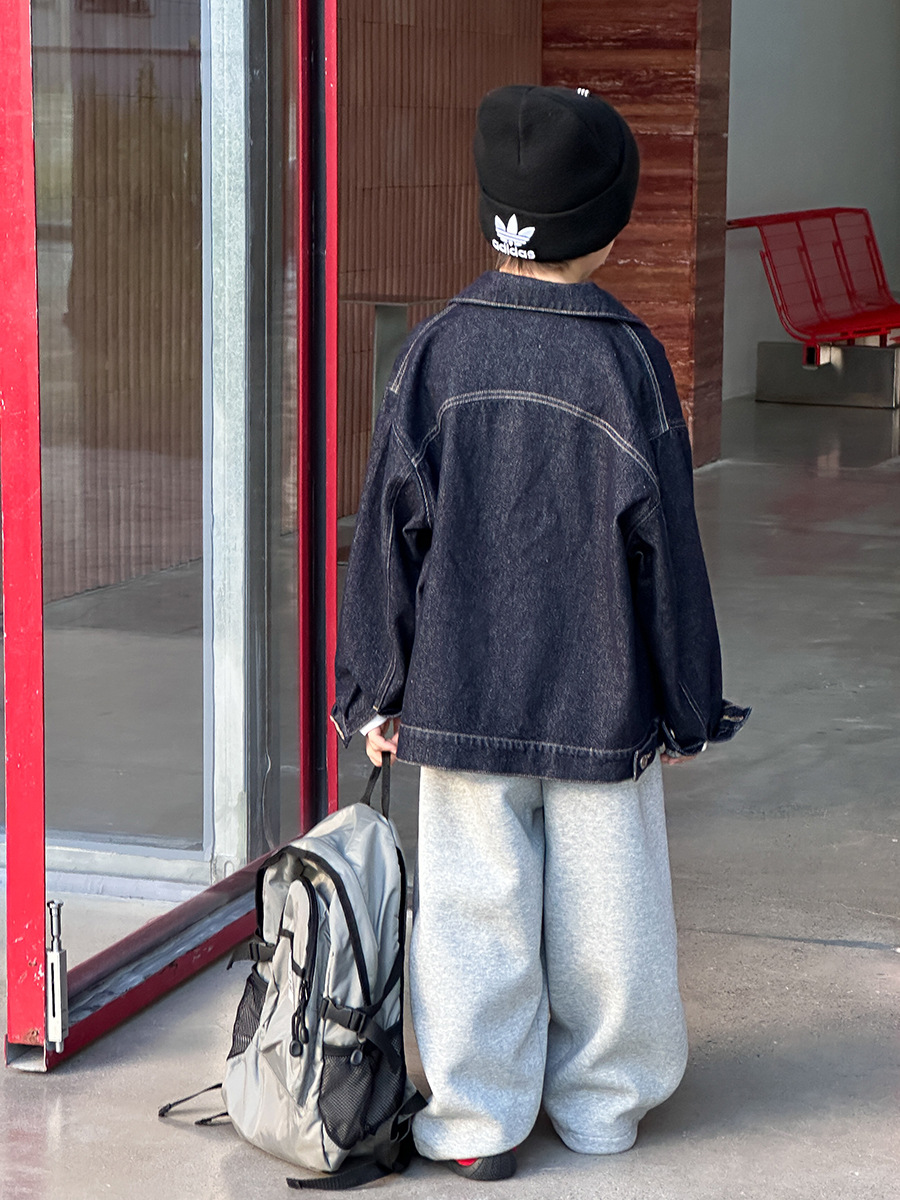 Aimobeibei Children's 2025 Autumn Sand-Washed Cotton Stylish Workwear Jacket for Boys and Girls, Korean Style with Visible Stitching Denim Jacket Trendy