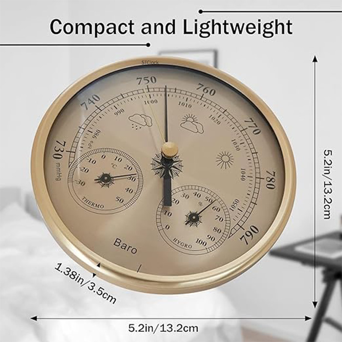 Metal Barometer Round Multi-Size Inlaid Barometer Craft Barometer Temperature and Humidity Meter Three-In-One Clock