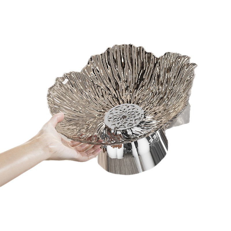 Light Luxury New Style High Foot Fruit Plate Household Living Room Snack Pendant Plate Coffee Table Dried Fruit Candy Petal Fruit Plate