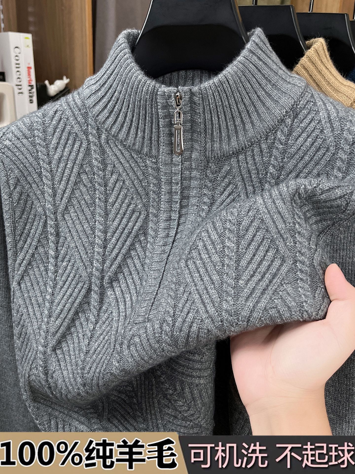 100% Pure Wool Knitwear Men's Thickeneded Middle-Aged Half Turtleneck Zipper Thick Needle Fashion Casual Knitwear Large Size Knitwear