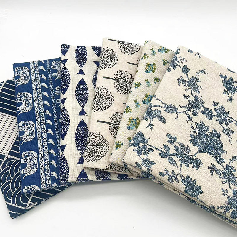 [In Stock m price] cotton and linen fabric floral tablecloth sofa cover cloth curtain fabric retro blue style