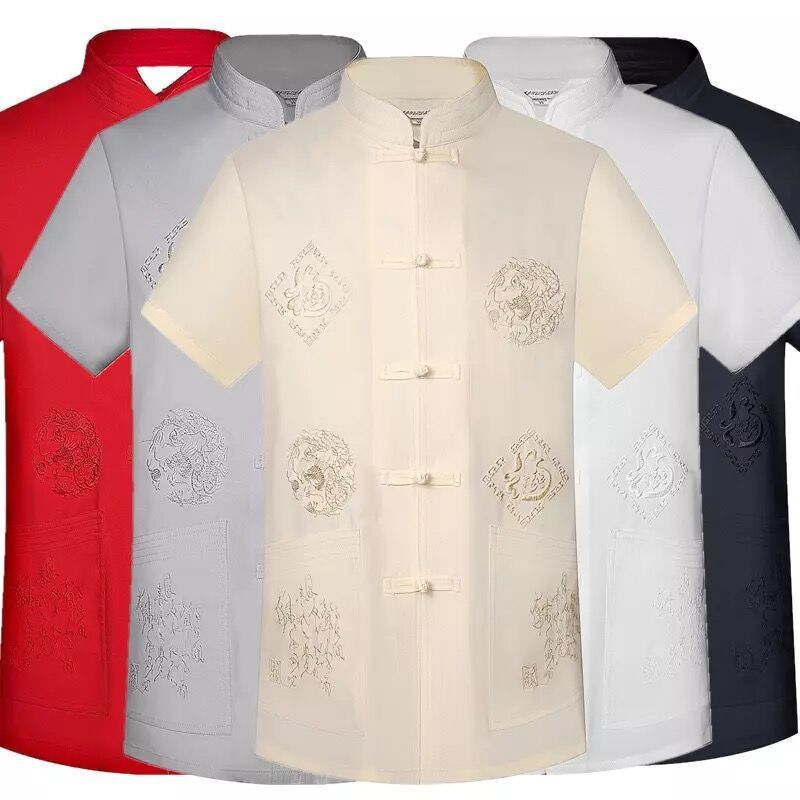 Middle-aged and Elderly Men's Tang Suit Short-sleeved Summer Hanfu Dad's Chinese Style Top with Buckle and Grandpa's Ethnic Costume Chinese Style