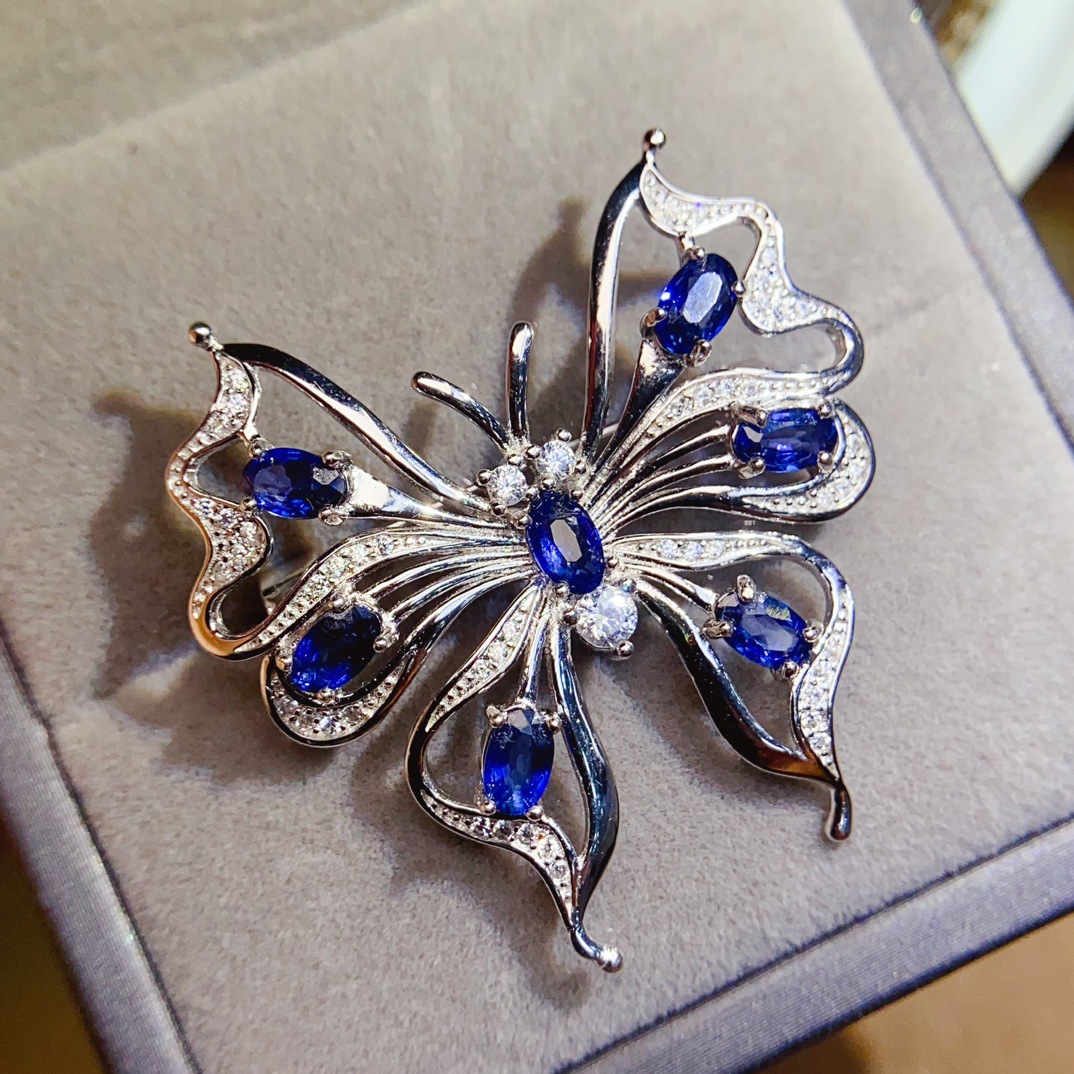 Factory Wholesale Popular Natural Sapphire Brooch S925 Silver Inlaid Main Stone 3*5 Hot Selling European and American Dropshipping