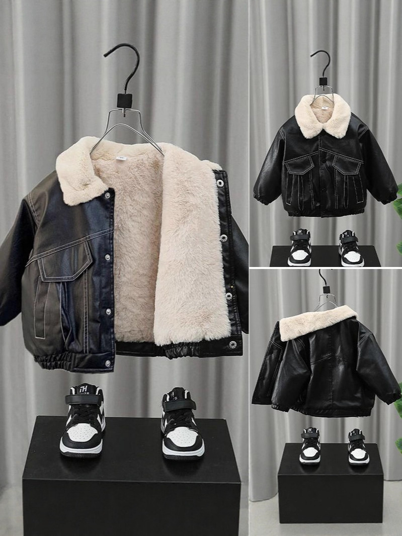 Children's Clothing Boys' Cool and Handsome Leather Jackets New Fashionable Baby Autumn and Winter Clothing Kidsren's Korean Style Velvet Thick Jacket Leather Jackets