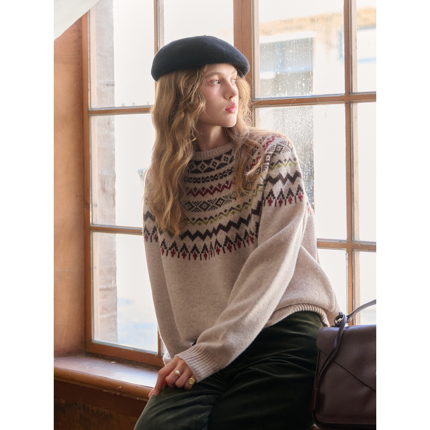 Simpleretro Winter Harbor Wool Crew Neck Fair Isle Sweater for Women, Lazy Soft Knit Sweater