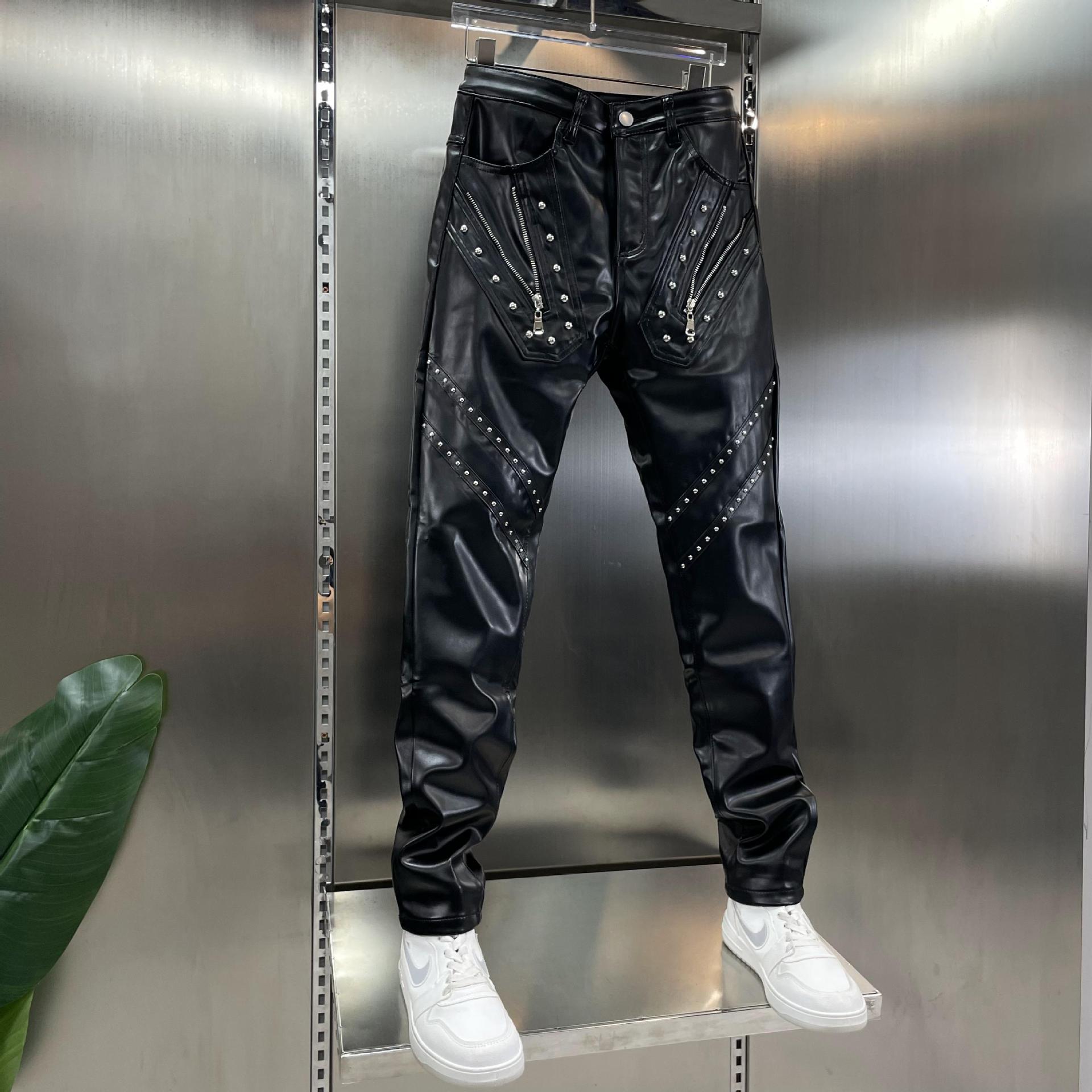 Men's pants leather pants autumn and winter thick windproof warm slim skinny pants men's pants in stock a generation of hair