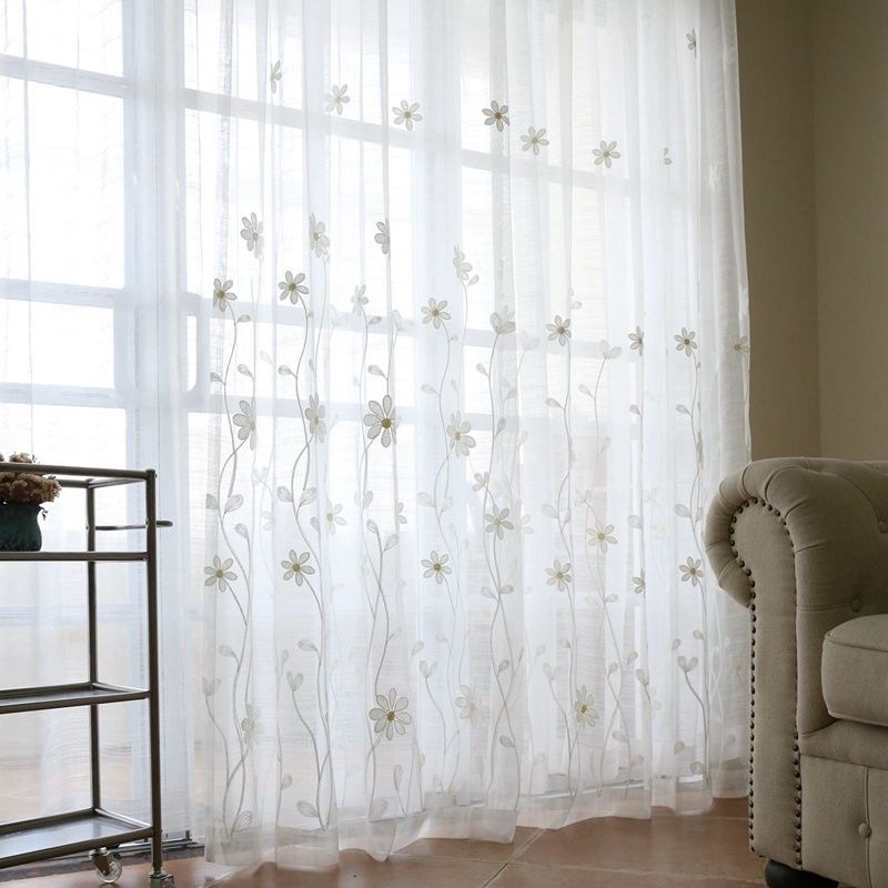 High-End Embroidered White Gauze Curtain, Retro Literary Semi-Blackout Curtain Gauze, Luxury Living Room Balcony Partition Gauze Curtain