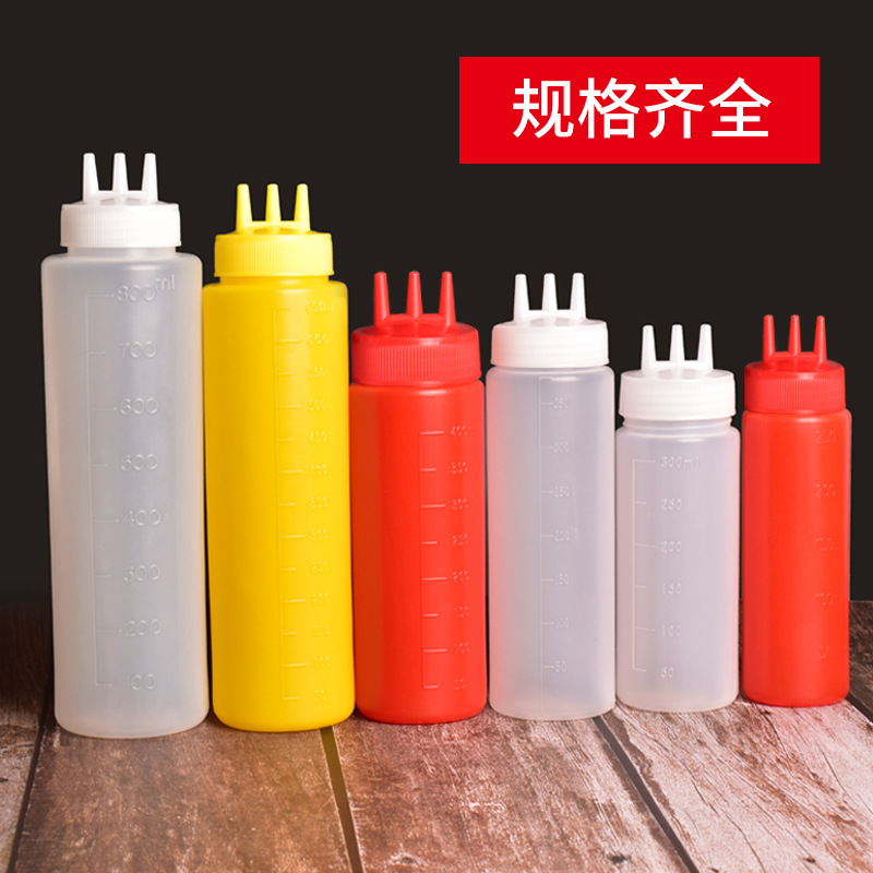 Squeeze bottle with scale salad sauce ketchup seasoning bottle kitchen seasoning bottle three hole jam squeeze bottle cross border